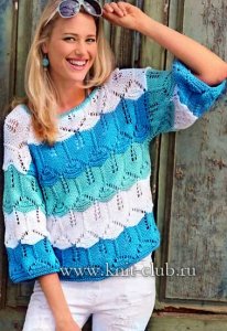 Женский вязаный пуловер спицами "Голубые волны"