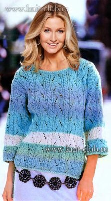Голубой вязаный пуловер с косами - схемы вязания, описание и фото